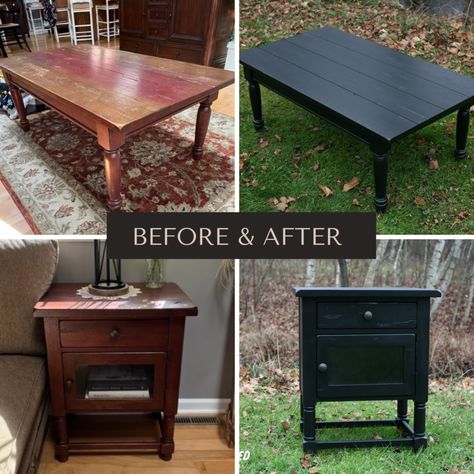 Coffee table and end standed painted black! Benjamin Moore Black, Paint Particle Board, Wood Coffe Table, Coffee Table Refinish, Painted End Tables, Black End Tables, Black Coffee Table, Painted Coffee Tables, Diy End Tables