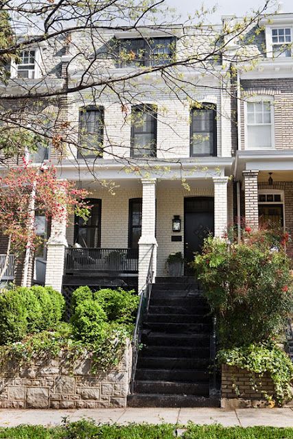 row house with black accents House Styles Exterior, Houses With Porches, House Porch Design, Traditional Shutters, Black Shutters, Diy House Renovations, House Of Beauty, House With Porch, White Brick