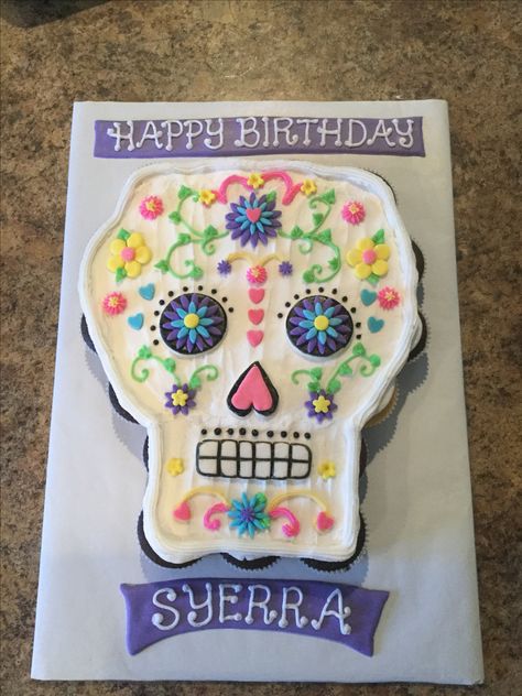 Sugar skull cupcake cake Skull Cupcake Cake, Sugar Skull Cakes, Skull Cupcakes, Halloween Foods, Skull Cake, Baking Desserts, Cupcake Ideas, Cupcake Cake, Party Stuff