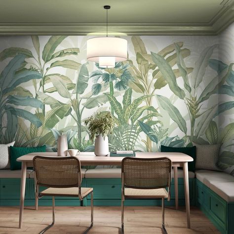 White And Gold Wallpaper, Jungle Trees, Aqua And Green, Pearl Wallpaper, Jungle Tree, Neutral Green, Wall Murals Painted, Bedroom Wall Colors, Teal Wallpaper