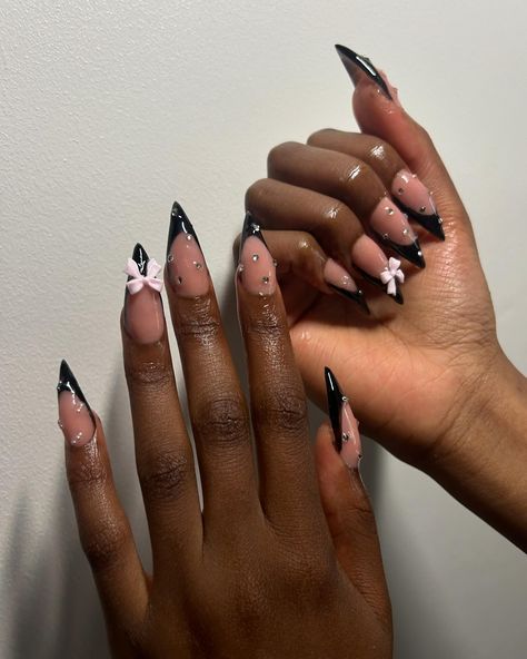 Almond Nails Designs Black French, Black Almond Nails With Gems, Nail Designs Stiletto Shape, Black Initial Nails, Rhinestone Nails French Tips, Almond Acrylic Nails Black, Black French Tip Nails Stiletto, Black Almond French Nails, Almond Black French Tip Nails