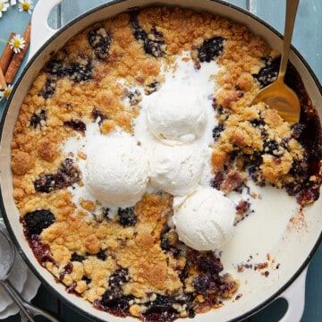 Dutch Oven Blackberry Cobbler - Bites with Bri Summertime Desserts, Crumble Recipes, Berry Cobbler Recipes, Homemade Peach Cobbler, Crisp Topping, Batch Baking, Cherry Crisp, Tart Cherries, Blackberry Cobbler