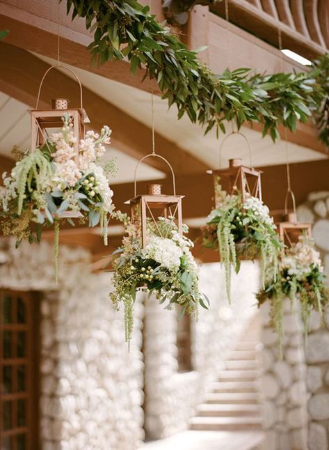 25 of the Loveliest Ways to Include Lanterns in Your Wedding | weddingsonline Wedding Hanging Decorations, Hanging Wedding Decorations, Candle Lit Wedding, Edgy Wedding, Greenery Wedding Decor, Romantic Rustic Wedding, Gold Lanterns, Wedding Lanterns, Hanging Flowers