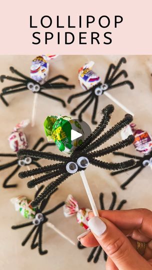 16K views · 18 reactions | SPIDER LOLLIPOPS 🕷️🍭 

The cutest Halloween candy treat for kids! You only need lollipops, black pipe cleaners, and googly eyes!  Just cut the pipe cleaners in half then wrap around the lollipop stem. Bend the pipe cleaners to make legs and glue on the eyes! 

Comment SPIDER and I’ll send the you think to everything you need including my ghost sweater from Pink Lily! Use code LEANNA for 20% off! 

#cookingvideo #quickrecipes #recipeideas #easymeals #recipevideo #goodmoodfood #easyrecipes #foodie #foodphotography #foodreelsfoodblogger #instafood #betterhomesandgardens #mybhg #mybhghome #bhghowiholiday #bhgholiday  #foodreels  #ltkhome | Life by Leanna | Keiron Raven · BEETLEJUICE THEME SONG (REMIX) Halloween Treats With Googly Eyes, Spider Lollipops Pipe Cleaners, Lollipop Halloween Ideas, Sucker Ghosts, Spider Lollipops, Pumpkin Lollipop, Ghost Lollipops, How To Make Spiders, Ghost Sweater