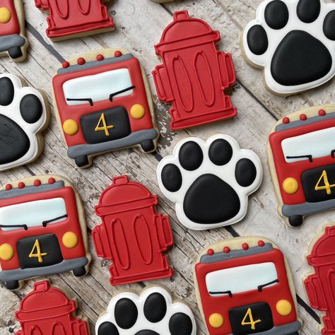 Fire Truck 3rd Birthday Party, Firefighter Birthday Party Food, Fire Truck Cookies, Fire Truck Birthday Party, Fire Truck 2nd Birthday, Fire Cookies Decorated, Fireman Cookies, Firetruck Birthday Party Ideas, Firefighter Cookies