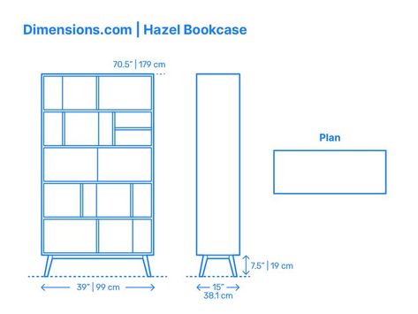 The Hazel Bookcase, sold by Joybird, stands proud in its walnut tones and provides many different sizes of nooks, shelves for display, and a center cabinet for storage. Large and robust, yet maintaining the mid-century feel by balancing on four slanted legs, the Hazel Bookcase blends in effortlessly in classic and contemporary spaces. Downloads online #furniture #bookcases #storage Book Shelf Dimensions, Bookcase Dimensions, Furniture Bookcases, Shelves For Display, Mid Century Modern Bookshelf, Cabinet For Storage, Storage Unit Design, Flat Plan, Kindergarten Interior