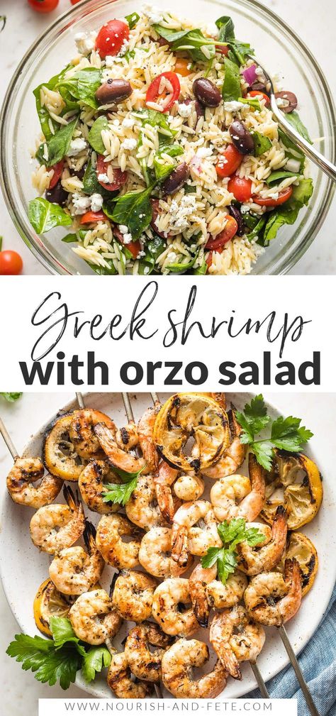 Greek shrimp skewers are easy, delicious, and healthy! A super simple marinade locks in all the best Mediterranean flavors, then a few minutes on the grill cooks shrimp to plump, juicy perfection. Serve with an easy orzo salad for a complete meal everyone loves. Orzo Salad With Shrimp, Easy Orzo Salad, Easy Orzo, Greek Shrimp, Salad With Shrimp, Greek Orzo, Greek Orzo Salad, Mediterranean Recipes Healthy, Orzo Recipes