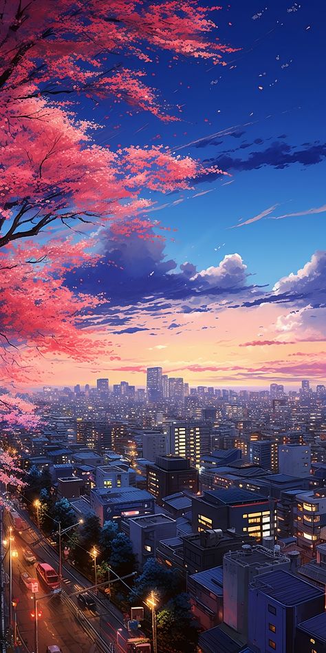 As night falls, the lights from the residences and streets lighten up the area. This is an anime-style AI art created with Midjourney. Relaxing Wallpapers, Lofi Aesthetic, Cityscape Wallpaper, Anime Places, Sky Anime, Urban Beauty, Anime City, Dreamy Artwork, Surreal Photos