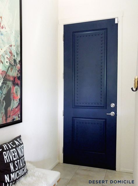 I just love to see pictures of homes with brightly colored doors!  Especially when the owners bravely choose a completely unexpected color (think: coral, violet, or chartreuse) and it really works with the overall style of their home, then I’m truly smitten.  I’ve shared some of my favorite colors and inspiration for exterior doors here. … Navy Interior Doors, Renovating Furniture, Interior Door Paint Colors, Blue Interior Doors, Interior Door Colors, Colorful Doors, Navy Interior, Painted Interior Doors, Black Interior Doors