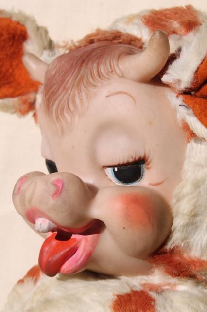 vintage Rushton rubber face toy, Bessie silly cow toothy grin calf, kitschy retro stuffed animal Creepy Vintage Toys, Rushton Dolls, Rushton Toys, Animal Bedroom, Creepy Toys, Rubber Face, Pet Organization, Sewing Stuffed Animals, Kawaii Plushies