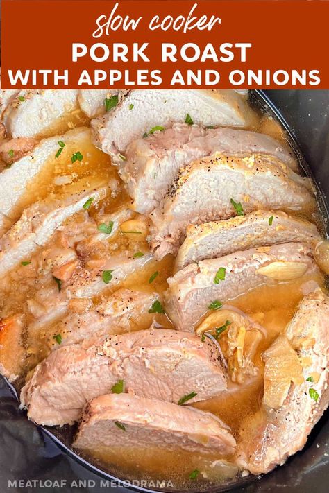 Pork Loin Roast Crock Pot, Tender Pork Loin, Apple Pork Loin, Pork Loin Crock Pot Recipes, Pork Roast Crock Pot Recipes, Pork Roast With Apples, Apples And Onions, Crockpot Pork Loin, Slow Cooker Pork Loin