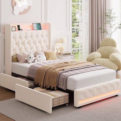 Amazon.com: HIFIT: Bed Frames Aesthetic Bed Frame, Amazon Bedroom Decor, Bed Frame Ideas, White Sofa Set, Moving Bed, Platform Bed Frames, Cozy Beds, Led Bed, Led Beds