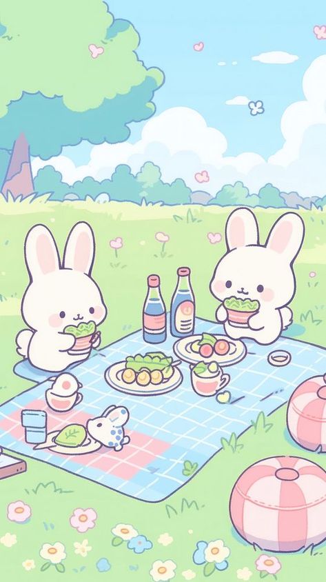 Rabbit and teddy bear picnic recreation cartoon people. | free image by rawpixel.com / Hein Kawaii Teddy Bear Drawing, Cute Pig Wallpaper, Picnic Cartoon, Kawaii Picnic, Picnic Drawing, Wallpaper Bunny, Picnic Illustration, Chibi Bunny, Wallpaper Animation