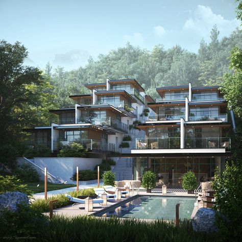 Hill side resort on Behance Houses On Hills, Hillside Mansion, Mountain Resort Design, Mountain Resort Architecture, Hotel Architecture Design, Hillside Apartments, Hotel Mountain, Digital Art Landscape, Resort Design Plan