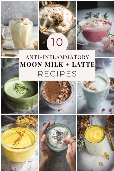 Here is a list of 10 delicious and cozy anti-inflammatory moon milk and latte recipes to keep you cozy and relaxed all year long. #moonmilkrecipes #goldenmilk #moonmilklatte #moonmilk #caffeinefreedrinks #healthydrinkrecipes Almond Milk Drinks, Moon Milk Recipe, Vegan Latte, Caffeine Free Drinks, Milk Drinks, Kitchen Witch Recipes, Milk Tea Recipes, Moon Milk, Drink Recipes Nonalcoholic