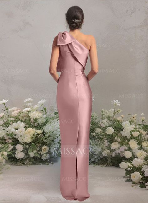 Sheath/Column One-Shoulder Satin Bridesmaid Dresses With Bow(s) One Shoulder Bow Bridesmaid Dress, Bow Gown Design, Bridesmaid Dresses With Bow, Dresses With Bow, Uzun Boy, Weddings Idea, Sparkle Wedding Dress, Dresses Satin, Dream Wedding Ideas Dresses