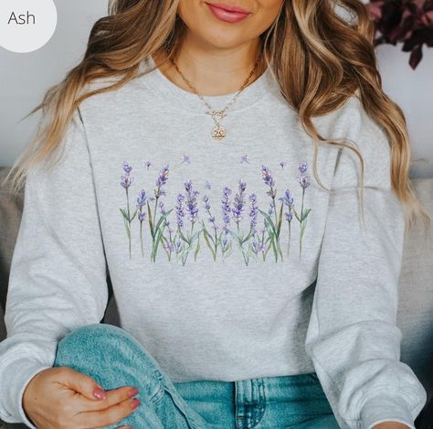 Lavender Embroidery Shirt, Pastel Botanical, Wildflower Shirt, Clothes Embroidery Diy, Flower Sweatshirt, Embroidery Sweater, Cute Shirt Designs, Boho Cottagecore, Flower Watercolor