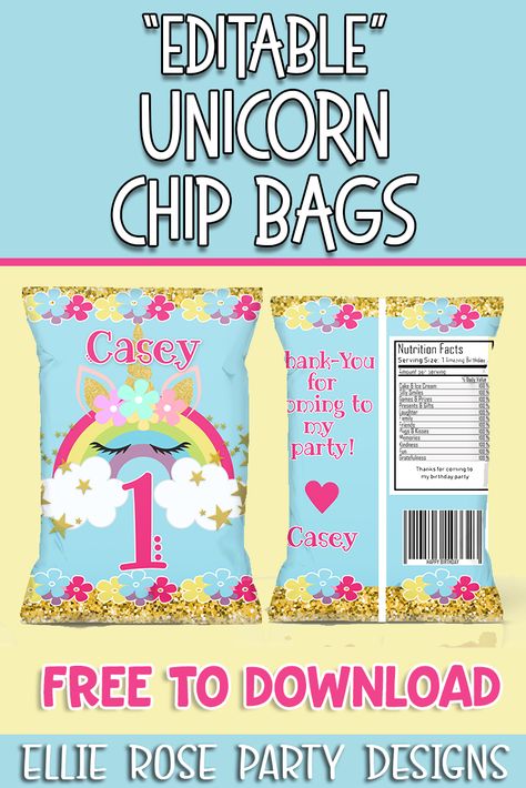 How easy would it be to download a Unicorn Chip Bag party Favor, add your childs name and age, all for free at home. Well you can with these templates. Click through to download #freeunicornprintables #unicornideas #unicorncakes #unicorntreats #unicornparty #unicorndesserts #diyunicorn Birthday Chip Bag Ideas, Free Chip Bag Printables, Chip Bags Template Free, Free Chip Bag Template, Chip Bags For Party, Chip Bag Template Free Printable, Chips Template, Easy Party Favors, Cricut Printables