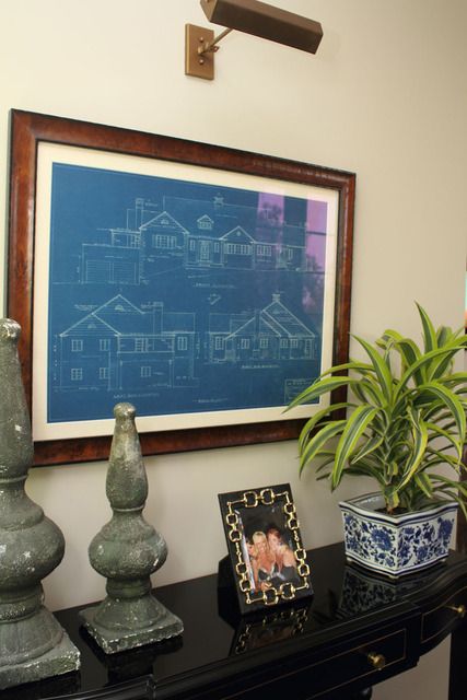 a framed blueprint of the house on the wall... meta AND adorable. Doing this for our office with our prints very cool. Blueprint Art Decor, Blueprint Art, House Blueprints, Large Wall Decor, House On A Hill, House Tour, Home Reno, The Hills, Sherwin Williams