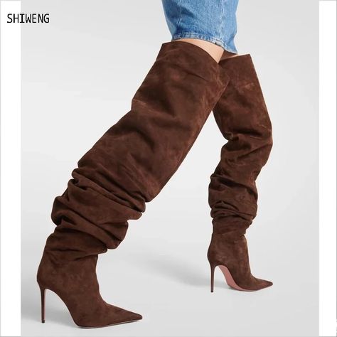 VC Shoes Fashion Brown Over Knee Sleeve Boots Women's Sexy Nightclub Stage Runway Boots Denim Folds Long Boots 44 Sleeve Boots, Womens High Heel Boots, Brown High Heels, Heel Boots For Women, European Shoes, Denim Boots, Knee Sleeves, Amina Muaddi, Super High Heels