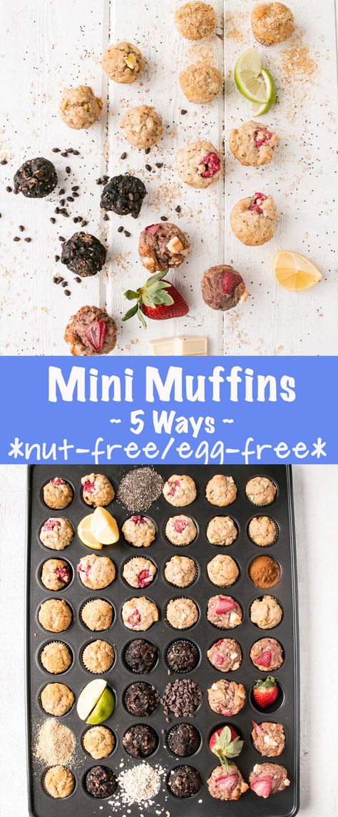 School-Safe Mini Muffins 5 Ways - My Kitchen Love Egg Free Nut Free Recipes, Egg Free Lunches For Kids, School Safe Cookies, Egg And Nut Free Recipes For Kids, Muffins For School Lunches, Back To School Baked Goods, Nut Free School Snacks, Nut Free Muffins, Nut Free School Lunch