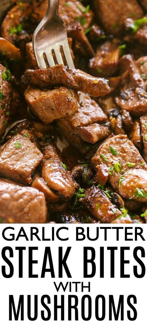 Steak Bites With Mushrooms, Juicy Steak Bites, Easy Steak Dinner, Caramelized Mushrooms, One Pan Recipe, Garlic Butter Steak Bites, Butter Steak Bites, Crunchwrap Supreme, Steak Bites Recipe