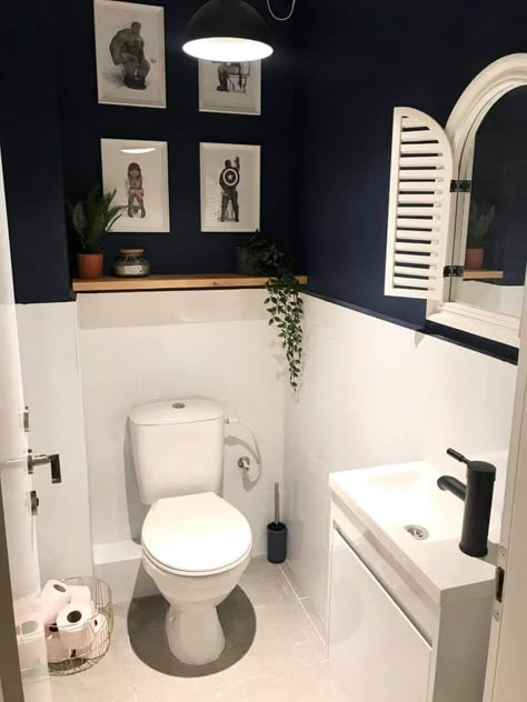 Two Colour Bathroom Walls, Dark Blue Ceiling Bathroom, Dark Coloured Bathrooms, Dark Blue Downstairs Toilet, Dark Blue Toilet Room, Dark Cloakroom Toilet, Blue Downstairs Toilet Ideas, Dark Downstairs Toilet, Dark Toilet Design