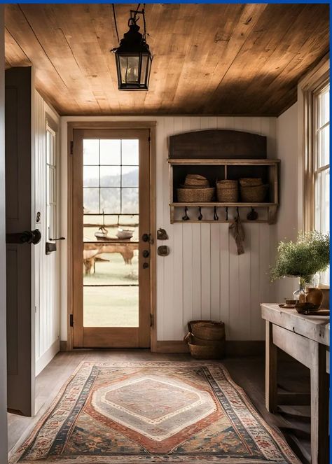 25 Budget-Friendly Farmhouse Mudroom Ideas You Can DIY This Weekend Farmhouse Building Ideas Interior, Cozy Farmhouse Entryway, Farmhouse Home Aesthetic, Old Farmhouse Mudroom, Small Farmhouse Aesthetic, Old Farmhouse Makeover, Rustic Farmhouse Inspiration, Old Farmhouse Restoration, Front Entryway Rug Ideas