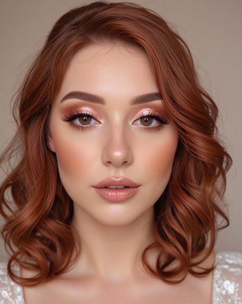 Copper Soft Glam Makeup, Makeup For Auburn Hair And Brown Eyes, Wedding Makeup Auburn Hair, Wedding Makeup For Red Heads, Wedding Makeup For Ginger Hair, Ginger Bridal Makeup, Copper Bridal Makeup, Red Hair Bridal Makeup, Auburn Makeup