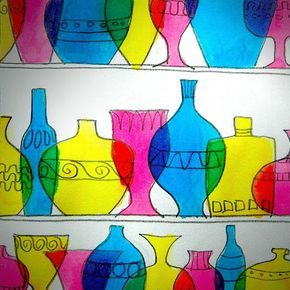 Thinking about something decorative, colorful and transparent we thought of Murano glassware, to do an exercise with the primary and secondary colours. We made a drawing with pencils and permanent … Glassware Shelf, Color Art Lessons, Classe D'art, Middle School Art Projects, 2nd Grade Art, Art Lessons Middle School, 6th Grade Art, 4th Grade Art, 5th Grade Art