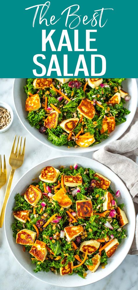 Spinach Kale Salad, Best Kale Salad, Halloumi Salad, Kale Salad Recipes, Best Meal Prep, Salad Meal Prep, Skinnytaste Recipes, Kale And Spinach, Fun Salads