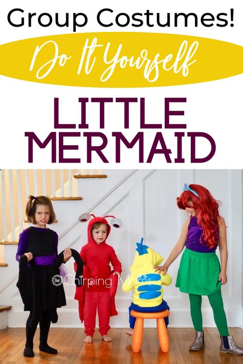 Here’s a fun group costume for friends or a family: the cast of The Little Mermaid! These DIY Little Mermaid costumes were easy, no sew and comfortable for the kids to wear. Best part: if you follow the directions below, your kids will be able to wear all the clothes after Halloween. We had a blast with this group costume and you better believe we were playing Under the Sea while we tried them on! All of the clothes for these costumes are from Primary.com. Diy Flounder Costume Toddler, Little Mermaid Characters Costumes, Sebastian Costume Little Mermaid, Trip Costumes, Sebastian Costume, Flounder Costume, Zombie Couple Costume, Crab Costume, Family Costumes Diy