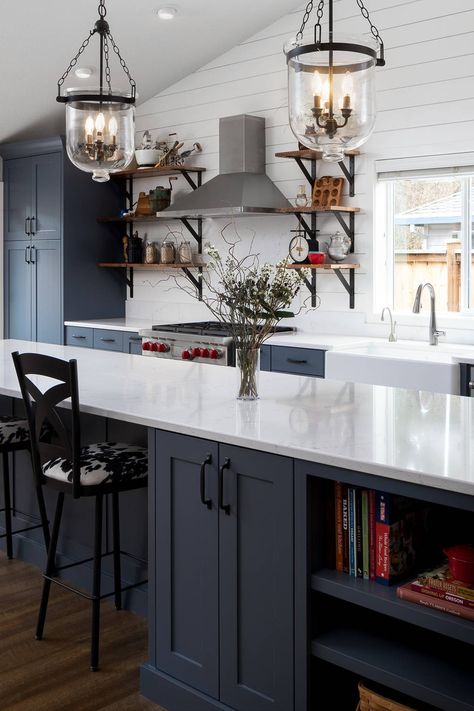 Blue Kitchen Cabinets With White Countertops Design Ideas Blue Kitchen Paint, Navy Blue Kitchen Cabinets, Dark Blue Kitchens, Floating Kitchen Shelves, Shiplap Kitchen, Blue Kitchen Island, Light Blue Kitchens, Classic Kitchen Design, Country Kitchen Designs