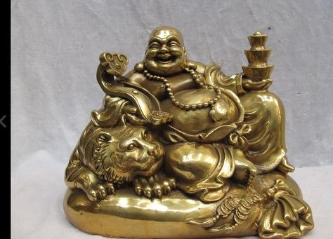 free shipping wang671115977++Chinese superb Brass Yuan Bao Ru Yi Maitreya laugh Buddha Sit on Tiger Money bag Lafing Budhha, Sean Tattoo, Brass Decor Indian, Feng Shui Good Luck, Buddha Home Decor, Aphrodite Goddess, Money Bill, Copper Dragon, Lord Balaji