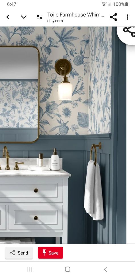 Blue Wainscoting Bathroom, Powder Room Paneling, Blue Beadboard Bathroom, Blue Half Bath, Blue Accent Wall Bathroom, Blue Powder Room Ideas, Beadboard Powder Room, Wainscoting Ideas Bathroom, Monet House