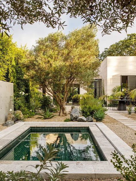 This Meandering Courtyard Spans a Travertine Shower and Green Tile Pool Small Courtyard With Pool, Courtyard Tiles, Basement Courtyard, Tiled Pool, Travertine Shower, Raised Pools, Exquisite Surfaces, Tile Pool, Architecture Courtyard