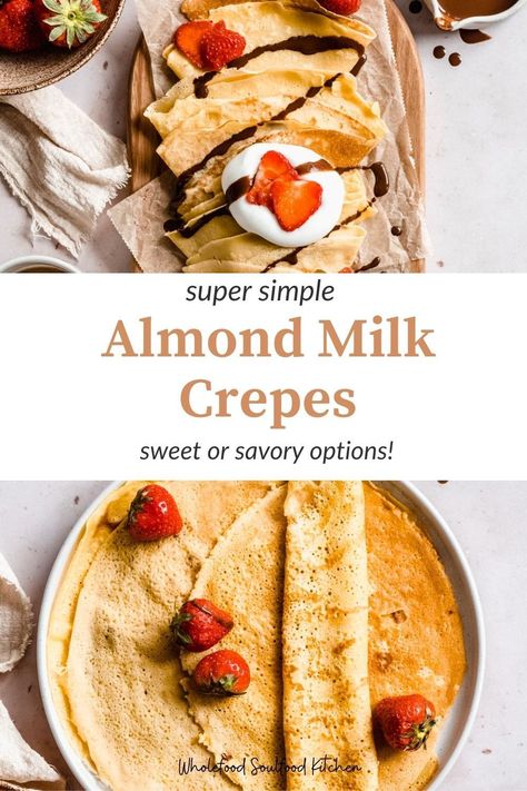 The basic recipe for these Almond Milk Crepes consists of only 3 simple ingredients and is very quick and easy to prepare! These homemade crepes are dairy-free and refined sugar-free. They also don’t include any butter or oil making this recipe lower in fat than more traditional crepe recipes. Dairy Free Crepe Recipe, Crepes With Almond Milk, Almond Milk Crepes, Crepes With Pancake Mix, Dairy Free Crepes, Healthy Crepe Recipes, Healthy Breakfast Sandwiches, Savory Crepes Filling, Crepes Easy