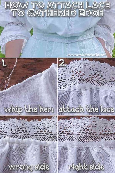 Lacemaking For Beginners, How To Make Lace Tutorials, Hand Sewn Dress Diy, Needle Lace Edging, How To Sew Lace, How To Sew Lace On Fabric, How To Hem A Dress, How To Sew Sleeves, Hand Sewing Tutorials