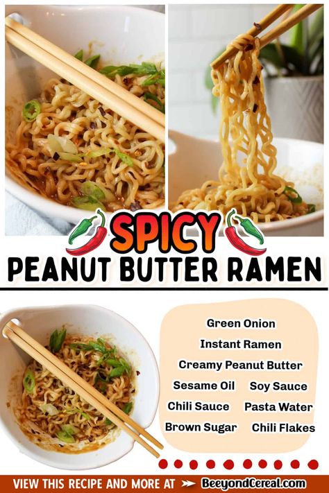 Spicy peanut butter ramen is a delicious change of pace for your instant ramen packets. Made in minutes, this dish is savory and has just the right kick of heat to keep you going back for more. Ramen Variations, Ramen Packet Recipes, Ramen With Peanut Sauce, Ramen Noodle Recipes Peanut Sauce, Peanut Butter Ramen Kara And Nate, Ramen Noodle Recipes Peanut Butter, Spicy Peanut Ramen, Peanut Butter Ramen Noodles, Spicy Peanut Butter Ramen