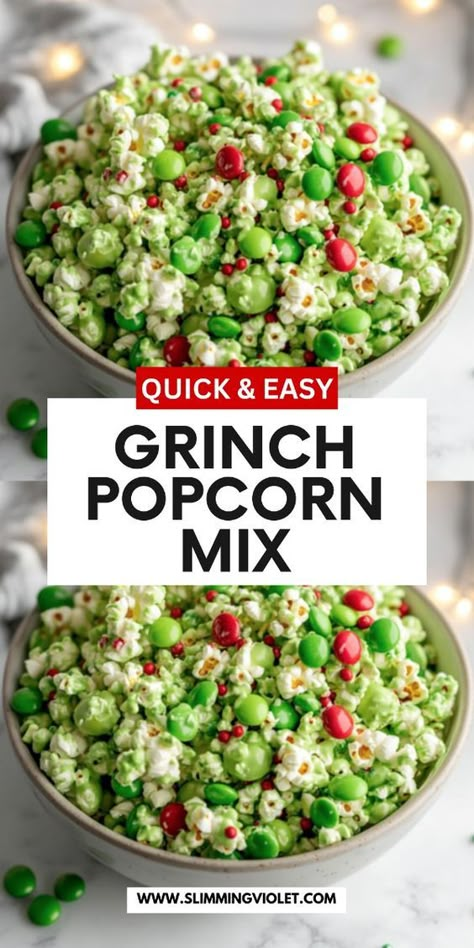 This Grinch Popcorn Mix is a fun and festive treat that’s perfect for holiday movie nights! Bright green popcorn, candy, and sprinkles make it a playful addition to your Christmas snacks. Save this recipe for a Grinch-inspired treat that’s sure to steal the show! The Grinch Snacks For Kids, Holiday Gift Recipes, Grinch Christmas Snack Ideas, Christmas Recipes For Kids To Make, Holiday Snack Ideas For Kids, Kindergarten Christmas Snack Ideas, Grinch Snacks For Kids Christmas Parties, Grinch Day Treats, Grinch Mix Snacks