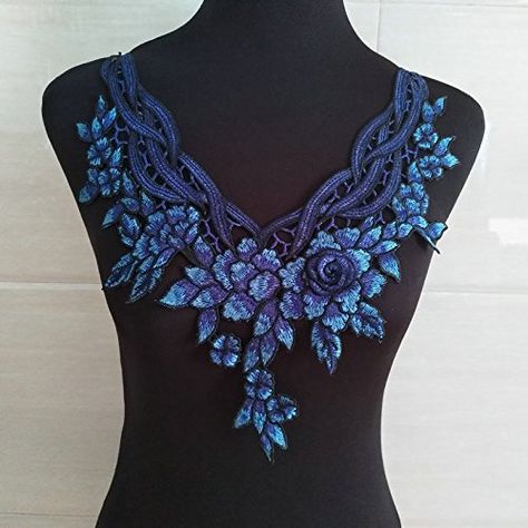 Blue Embroidery Flowers, Luxury Floral Embroidered Sets With Stand Collar, Coller Neck Embroidery, Elegant V-neck Top With Intricate Embroidery, Luxury Blue Top With Intricate Embroidery, Luxury Floral Embroidered Collar Tops, Sewing Collars, Polymer Clay Flower Jewelry, Embroidered Collars