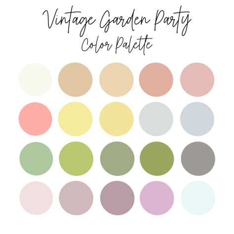 Whimsical Wedding Colour Palette, High Tea Colour Palette, Garden Theme Wedding Color Palette, Tea Party Colour Palette, Vintage Tea Party Color Palette, Garden Party Palette, Cottage Core Colors Pallet, Summer Party Color Palette, Fairy Colors Palette