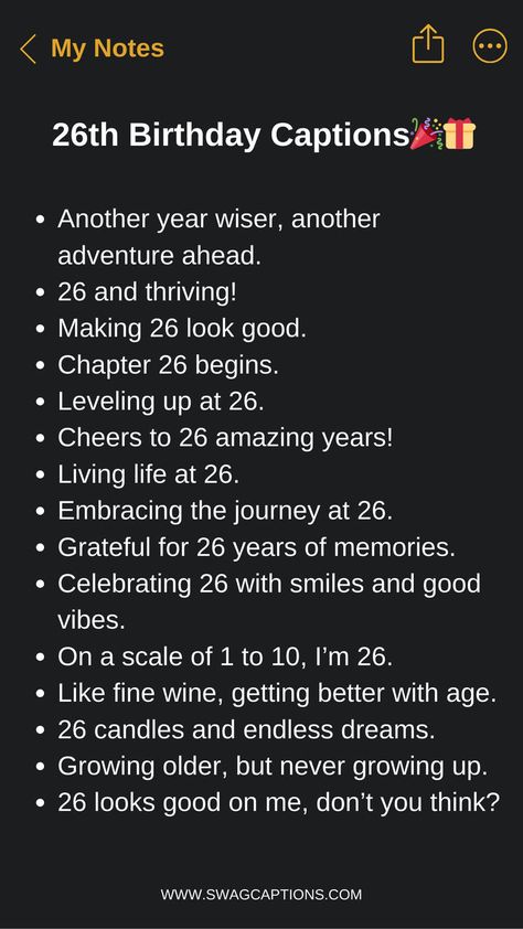 Another year older, another year wiser! Make your 26th birthday Instagram posts stand out with these fun and fabulous captions. We've rounded up sassy quotes about embracing your mid-twenties, witty one-liners poking fun at getting older, and inspiring words to kick off your 26th year. Level up your caption game and make this birthday one to remember on the 'gram! Birthday Hashtags, Birthday Captions For Myself, Short Birthday Wishes, Birthday Instagram, Short Instagram Quotes, Birthday Captions Instagram, Clever Captions For Instagram, Clever Captions, Instagram Captions Clever