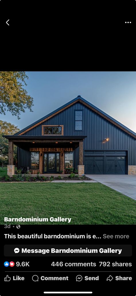 Black House With Copper Roof, Dark Blue Barndominium, Dark Navy House Exterior, Navy Blue House Exterior, Blue Siding House, Navy House Exterior, Navy Blue Houses, Teal House, Navy Houses