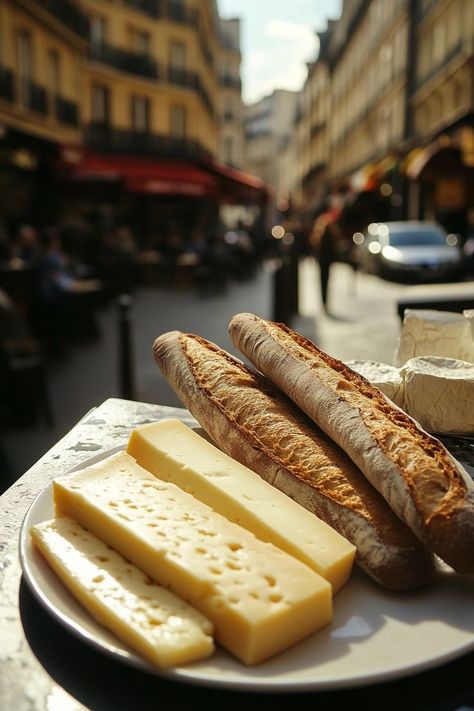 "Delight in a classic Parisian experience with a baguette and cheese! 🥖🧀🇫🇷 Savor the rich flavors of French cheese paired perfectly with a fresh, crusty baguette. 🍷🗼 #ParisEats #FrenchCuisine #BaguetteAndCheese" Baguette And Cheese, Baguette Aesthetic Paris, France Baguette, Paris Eats, French Cheese, Cheese Pairings, Cheese