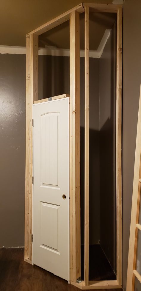 Add A Closet To A Small Bedroom, Corner Closet Ideas Small Bedroom, Built In Corner Closet Ideas, Small Basement Closet Ideas, Small Closet Addition, Corner Closet Diy, Adding A Closet To A Small Bedroom, Diy Closet In Room With No Closet, Adding Closet To Small Bedroom