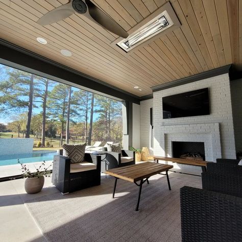 Raleigh Custom Homes on Instagram: "Get cozy this morning 🔥 #fire #fireplace #cozy #jazz #view #ceiling #pool #firepit #winter" Outdoor Fireplace Screened In Porch, Covered Porch With Fireplace, Outdoor Screen Room, Porch With Fireplace, Four Season Sunroom, Fireplace Cozy, Backyard Plans, Ventless Fireplace, Porch Fireplace