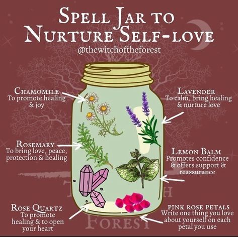 ✨ S𝕖𝕝𝕗 L𝕠𝕧𝕖 S𝕡𝕖𝕝𝕝 J𝕒𝕣 ✨ Self love is definitely something I need a little help with from time to time, so I created this spell jar to help nurture and strengthen these feelings. In terms of crystals... Self Love Spell Jar, Love Spell Jar, Self Love Spell, Wicca Recipes, Jar Spells, Witch Bottles, Wiccan Magic, Healing Spells, Grimoire Book