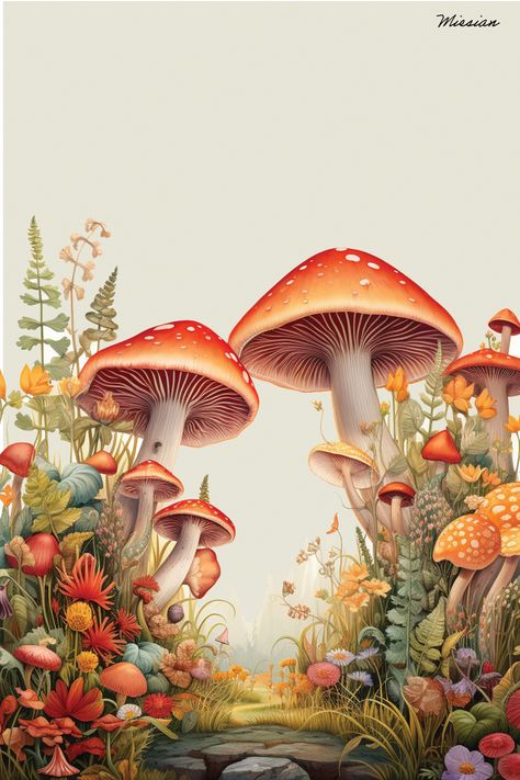 Cottage core aesthetic, mushrooms, flowers, wildflowers, cobble pathway, beige background, print art, digital art, created with AI, wallpaper art Cottage Core Fall, Cottage Core Wallpaper, Wildflower Gardens, Cottage Core Flowers, Flower Path, Fall Illustration, Mushroom Core, Cottage Core Art, Mushroom Wallpaper