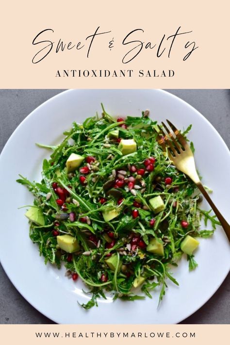 I originally threw this sweet and salty antioxidant salad together with ingredients I happened to have on hand. But, it ended up being so delicious, that I’ve kept making it and had to share the recipe with you. Dark Green Salad, Salad Recipes Green Leaf, Dark Leafy Green Salad, Rocket Leaves Salad Recipe, Green Leafy Salads, Antioxidant Salad, Leafy Greens Recipes, Nye Dinner, High Antioxidant Foods